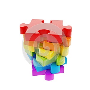 Stack of puzzle jigsaw glossy pieces isolated