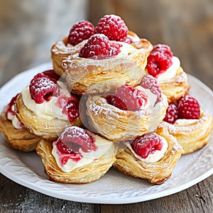 Stack of raspberry filled pastries on a white plate photo
