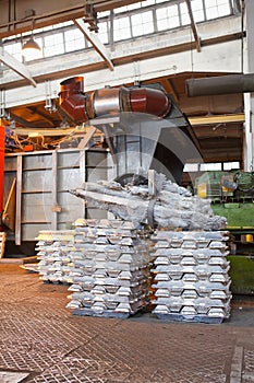 Stack of raw aluminum ingots in factory