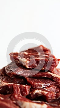 Stack of raw beef slices on white background, close-up. Fresh meat concept