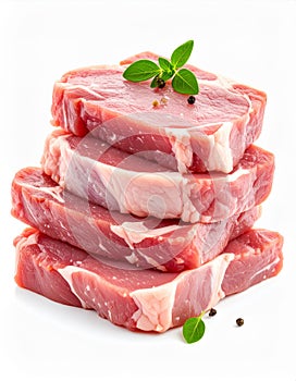 Stack of Raw Beef Steaks with Herbs on White Background