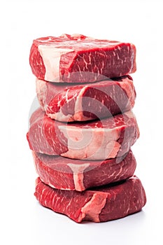 a stack of raw beef steaks on a white studio background