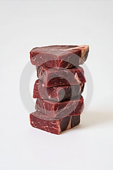 Stack of raw premium beef steaks on white background