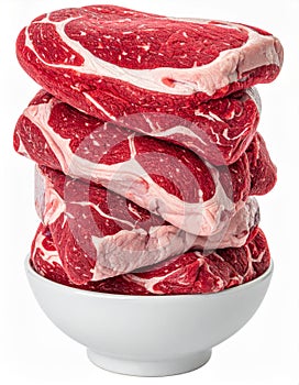 Stack of Raw Red Marbled Beef Steaks in a White Bowl on White Background