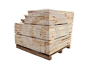 Stack of raw wood isolated on white background with clipping path, Lumber warehouse storage wooden. Timber goods storehouse. wood