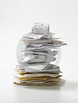 Stack of Receipts and Order Confirmations on a White Background Showing Documentation and Organization Methods for