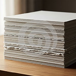 A stack of rectangular white paper sheets on a wooden surface