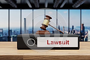 Stack of red and black office binder file folder on wooden desk in large modern office building with skyline view; lawsuit label;