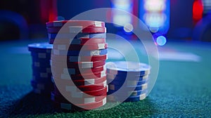 Stack of Red and Blue Casino Chips on Green Felt Table