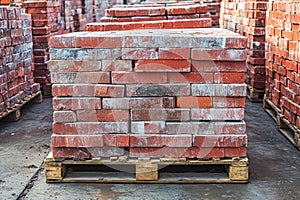 Stack of red bricks sitting on wooden pallet in warehouse