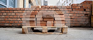 Stack of Red Bricks on Wooden Pallet Outdoors for Construction Project, Building Materials and Renovation