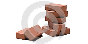 Stack of red ceramic bricks isolated on white background. Preparing a construction of brickwork. 3d illustration