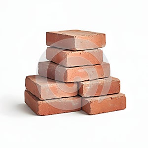 Stack of red clay bricks isolated on white background for construction and building