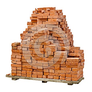 Stack of red clay bricks on white background