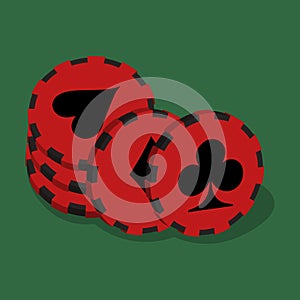 a stack of red game chips on a green background. vector illustration. online casino.