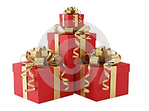 Stack of red gift boxes with gold ribbons