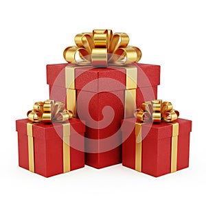 Stack of red gift boxes with gold ribbons isolated on white background