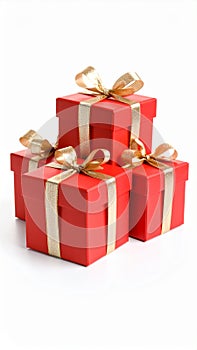 Stack of red gift boxes with gold ribbons, presents for holiday or celebration on white background