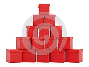 Stack of red gift boxes isolated on white background