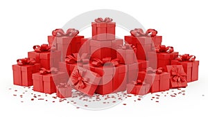 Stack of red gift boxes isolated on white background