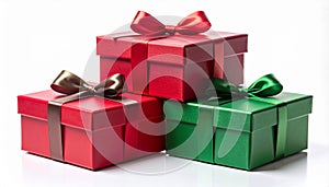 Stack of Red and Green Glittering Christmas Gift Boxes with Ribbons