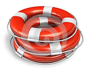 Stack of red lifesaver belts