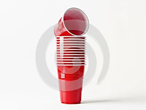 Stack of red plastic cups on white background