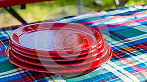 Stack of Red Plastic Plates on a Picnic Tablecloth. Generative ai