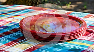 Stack of Red Plastic Plates on a Picnic Tablecloth. Generative ai