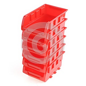 Stack of red storage bins isolated on white background
