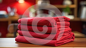 Stack of red towels on a wooden table. Warm hospitality and interior design concept