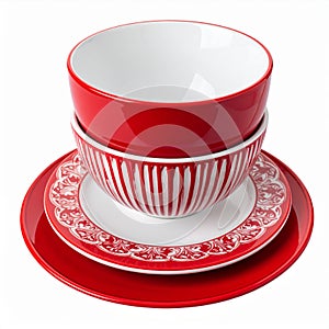 Stack of Red and White Ceramic Bowls and Plates Kitchenware Set Isolated