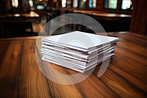 a stack of resumes on a wooden table