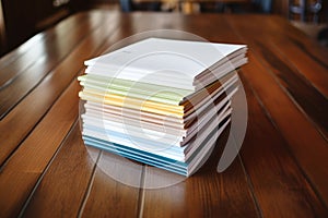 a stack of resumes on a wooden table