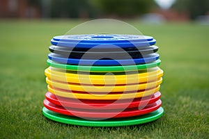 stack of reunion frisbees in multiple colors