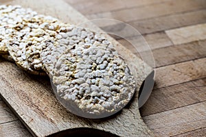 Rice Cakes or Corn Crackers on wooden surface.
