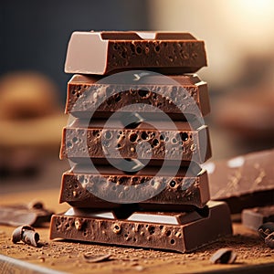 Stack of rich dark chocolate bars with textured surface isolated on white background