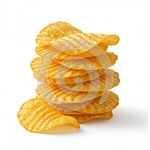 Stack of ridged potato chips on a white background wavy