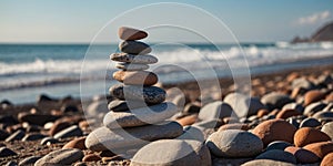 A stack of rocks on a beach alongside the ocean in the background.