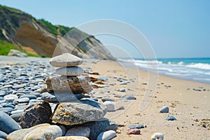 A stack of rocks on a beach next to the ocean. Generative AI
