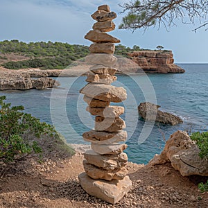 A stack of rocks is on a beach next to the ocean