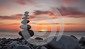 A stack of rocks on the beach at sunset