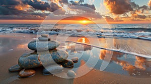 A stack of rocks on the beach at sunset, AI