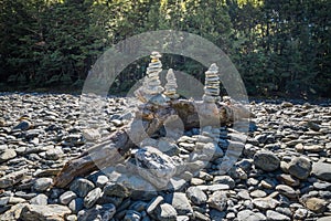 Stack of rocks at Fantail Falls at Mt Aspiring National Park, New Zealand.