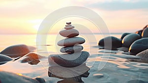 Stack of rocks is floating on surface of body of water