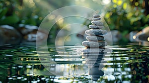 Stack of rocks is floating on top of the water