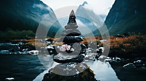 a stack of rocks in front of a river