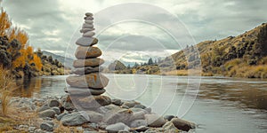 Stack of rocks is on the shore of a river