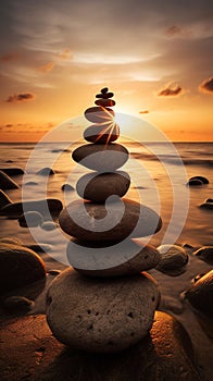 A stack of rocks sitting on top of a beach. Generative AI image. Zen stones.