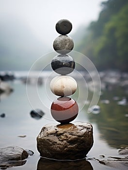 A stack of rocks sitting on top of a river, AI